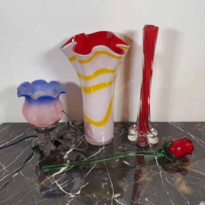 LOT 51D: Art Glass Rose, Vases & Cherub Tulip Lamp