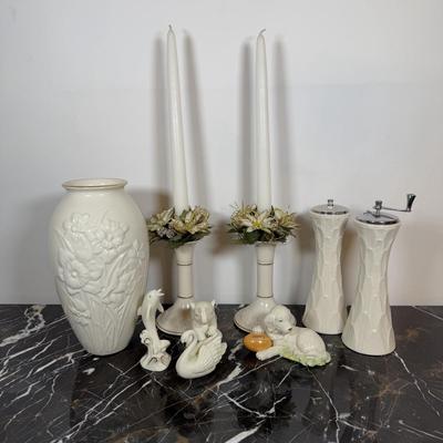 LOT 52D: Lenox Collection - Woodland S&P, Dog w/ Football, Narcissus Flower Vase, Candle Sticks & Animal Set