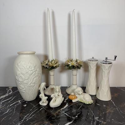 LOT 52D: Lenox Collection - Woodland S&P, Dog w/ Football, Narcissus Flower Vase, Candle Sticks & Animal Set