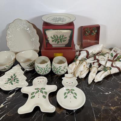 LOT 53D: Lenox Holiday Hostess Dish, Special Plate, Say it With Silk Cups, Holly Bowls & Shaped Treat Trays