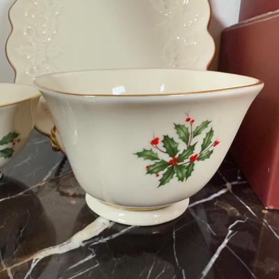 LOT 53D: Lenox Holiday Hostess Dish, Special Plate, Say it With Silk Cups, Holly Bowls & Shaped Treat Trays