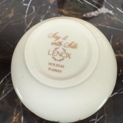 LOT 53D: Lenox Holiday Hostess Dish, Special Plate, Say it With Silk Cups, Holly Bowls & Shaped Treat Trays