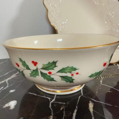LOT 53D: Lenox Holiday Hostess Dish, Special Plate, Say it With Silk Cups, Holly Bowls & Shaped Treat Trays
