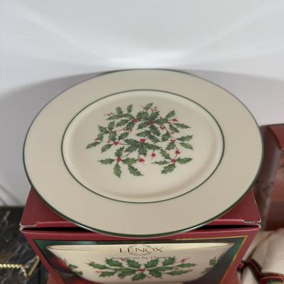 LOT 53D: Lenox Holiday Hostess Dish, Special Plate, Say it With Silk Cups, Holly Bowls & Shaped Treat Trays