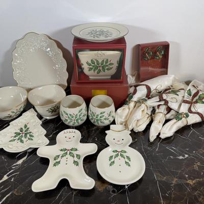 LOT 53D: Lenox Holiday Hostess Dish, Special Plate, Say it With Silk Cups, Holly Bowls & Shaped Treat Trays