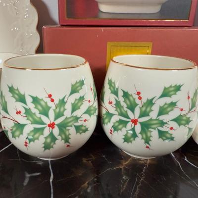 LOT 53D: Lenox Holiday Hostess Dish, Special Plate, Say it With Silk Cups, Holly Bowls & Shaped Treat Trays