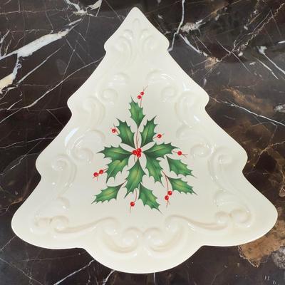 LOT 53D: Lenox Holiday Hostess Dish, Special Plate, Say it With Silk Cups, Holly Bowls & Shaped Treat Trays