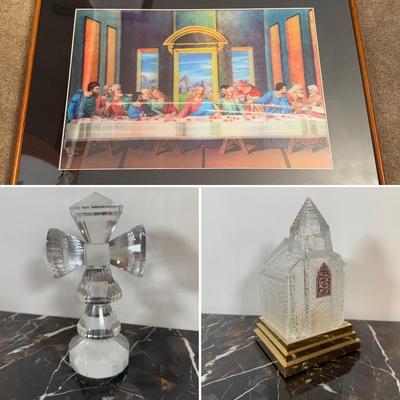 LOT 68F: Oleg Cassini Crystal Cross, Holographic Framed Last Supper & Glass Lit Church Decor