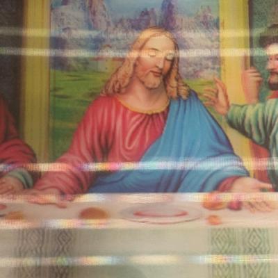 LOT 68F: Oleg Cassini Crystal Cross, Holographic Framed Last Supper & Glass Lit Church Decor