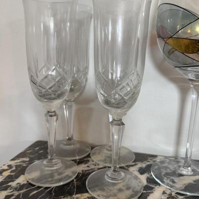 LOT 71F: Poker Chips Set, Variety of Champagne Flutes, Decanters, Crystal Ice Bucket & More