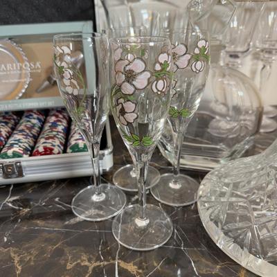 LOT 71F: Poker Chips Set, Variety of Champagne Flutes, Decanters, Crystal Ice Bucket & More