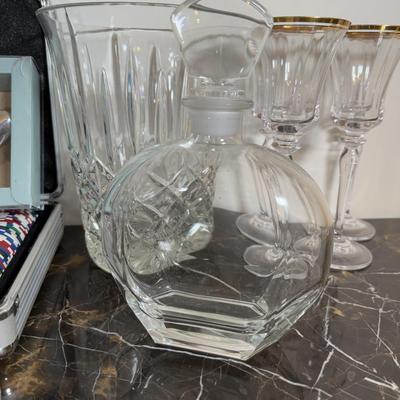 LOT 71F: Poker Chips Set, Variety of Champagne Flutes, Decanters, Crystal Ice Bucket & More