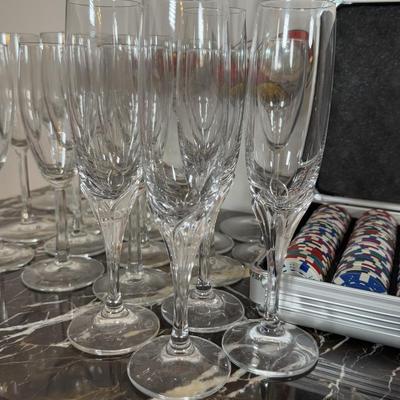 LOT 71F: Poker Chips Set, Variety of Champagne Flutes, Decanters, Crystal Ice Bucket & More