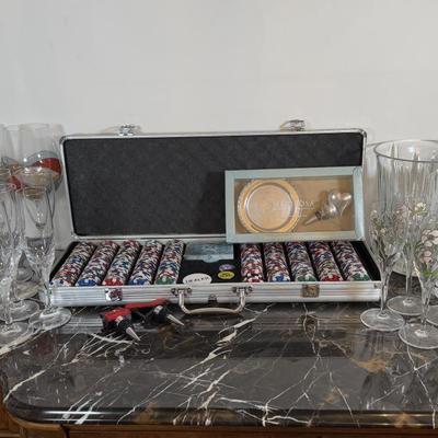 LOT 71F: Poker Chips Set, Variety of Champagne Flutes, Decanters, Crystal Ice Bucket & More