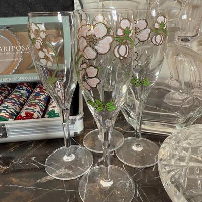 LOT 71F: Poker Chips Set, Variety of Champagne Flutes, Decanters, Crystal Ice Bucket & More