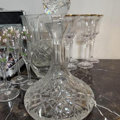 LOT 71F: Poker Chips Set, Variety of Champagne Flutes, Decanters, Crystal Ice Bucket & More