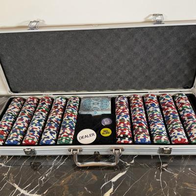 LOT 71F: Poker Chips Set, Variety of Champagne Flutes, Decanters, Crystal Ice Bucket & More