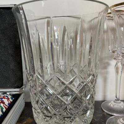 LOT 71F: Poker Chips Set, Variety of Champagne Flutes, Decanters, Crystal Ice Bucket & More