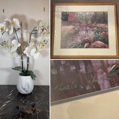 LOT 76D: Framed Charles Zhan “Forest Creek Giclee” Print & Faux Potted Orchid