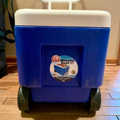 LOT 122 L: Outdoor Collection: 38 QT Igloo Wheelie Cooler, Collapsable Wagon, Alpine Design Canopy Shade Chair, & Coleman Collapsable...