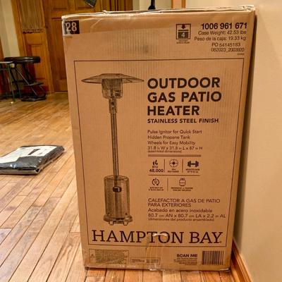 LOT 123 L: NIP Hampton Bay Outdoor Gas Patio Heater w/ Fine Sense Pro Series Full Length Vinyl Cover