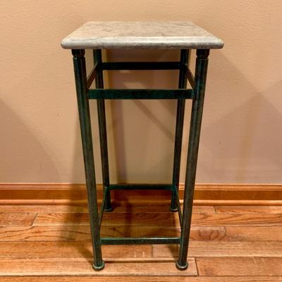 LOT 124 L: Set of 2 Z Shaped Bar Stools & Pier 1 Imports Green Marble Top w/ Metal Base Table / Plant Stand