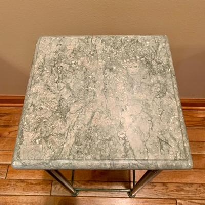 LOT 124 L: Set of 2 Z Shaped Bar Stools & Pier 1 Imports Green Marble Top w/ Metal Base Table / Plant Stand