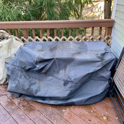 LOT 128 O: B Baijiawei Outdoor Patio "Wicker" 3 Piece Lounge Set w/ Cushions & Cover & 3 Folding Chairs