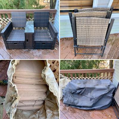 LOT 128 O: B Baijiawei Outdoor Patio "Wicker" 3 Piece Lounge Set w/ Cushions & Cover & 3 Folding Chairs