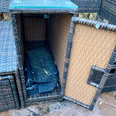 LOT 128 O: B Baijiawei Outdoor Patio "Wicker" 3 Piece Lounge Set w/ Cushions & Cover & 3 Folding Chairs