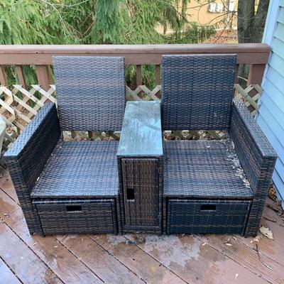 LOT 128 O: B Baijiawei Outdoor Patio "Wicker" 3 Piece Lounge Set w/ Cushions & Cover & 3 Folding Chairs