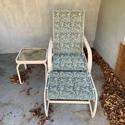 LOT 129 O: Large Outdoor Green Leaf Motif Patio Set: Glass Top Table w/ 6 Chairs, 2 Glass Top Side Tables w/ Glider, Lounger, & Ottoman