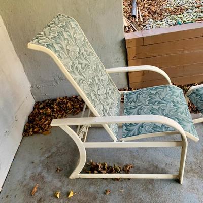 LOT 129 O: Large Outdoor Green Leaf Motif Patio Set: Glass Top Table w/ 6 Chairs, 2 Glass Top Side Tables w/ Glider, Lounger, & Ottoman