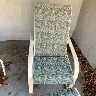 LOT 129 O: Large Outdoor Green Leaf Motif Patio Set: Glass Top Table w/ 6 Chairs, 2 Glass Top Side Tables w/ Glider, Lounger, & Ottoman