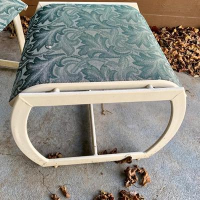 LOT 129 O: Large Outdoor Green Leaf Motif Patio Set: Glass Top Table w/ 6 Chairs, 2 Glass Top Side Tables w/ Glider, Lounger, & Ottoman