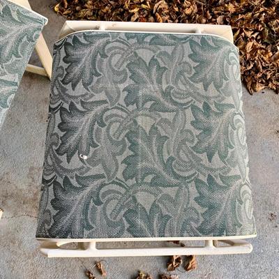 LOT 129 O: Large Outdoor Green Leaf Motif Patio Set: Glass Top Table w/ 6 Chairs, 2 Glass Top Side Tables w/ Glider, Lounger, & Ottoman