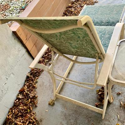 LOT 129 O: Large Outdoor Green Leaf Motif Patio Set: Glass Top Table w/ 6 Chairs, 2 Glass Top Side Tables w/ Glider, Lounger, & Ottoman