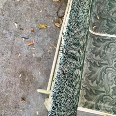 LOT 129 O: Large Outdoor Green Leaf Motif Patio Set: Glass Top Table w/ 6 Chairs, 2 Glass Top Side Tables w/ Glider, Lounger, & Ottoman