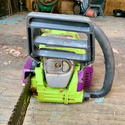 LOT 135 S: Poulan Wild Thing 18" Weed Eater Gas Powered Chainsaw Model # P4018WT 952802036 & NIP Forester Chainsaw Safety Chaps...