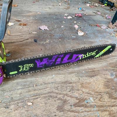LOT 135 S: Poulan Wild Thing 18" Weed Eater Gas Powered Chainsaw Model # P4018WT 952802036 & NIP Forester Chainsaw Safety Chaps...