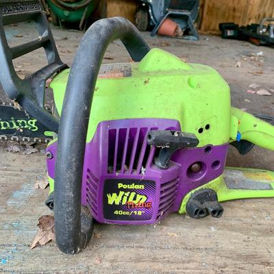 LOT 135 S: Poulan Wild Thing 18" Weed Eater Gas Powered Chainsaw Model # P4018WT 952802036 & NIP Forester Chainsaw Safety Chaps...