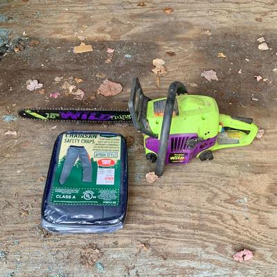 LOT 135 S: Poulan Wild Thing 18" Weed Eater Gas Powered Chainsaw Model # P4018WT 952802036 & NIP Forester Chainsaw Safety Chaps...