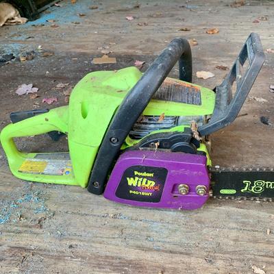 LOT 135 S: Poulan Wild Thing 18" Weed Eater Gas Powered Chainsaw Model # P4018WT 952802036 & NIP Forester Chainsaw Safety Chaps...