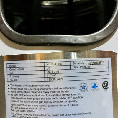 LOT 139 G: Hampton Bay Outdoor Patio Heater Model #NCZH-G-SS & NIP Fine Sense Pro Series Full Length Vinyl Cover