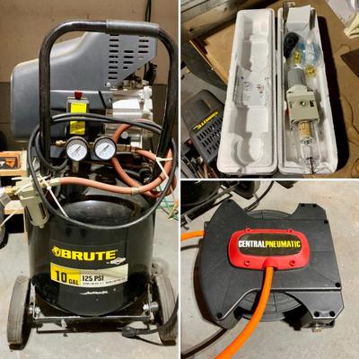 LOT 140 G: Brute 10 GAL 125 PSI Air Compressor Model #074004 w/ Extra Valve & Enclosed Retractable 20 ft Air Hose