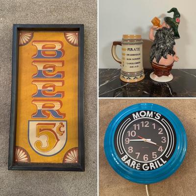 LOT 162K: Mom’s Bar & Grill Art Deco Clock, Beer Sign, Ceramic Drinking Gnome & Pirate Mug