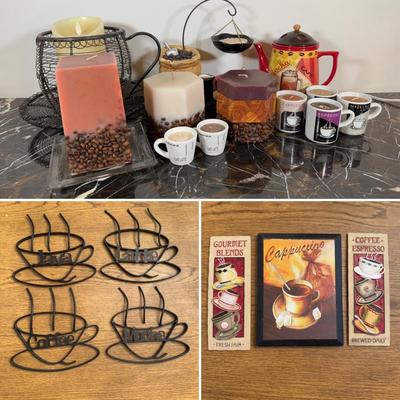 LOT 165K: Coffee Candles, Home Decor & Trivets
