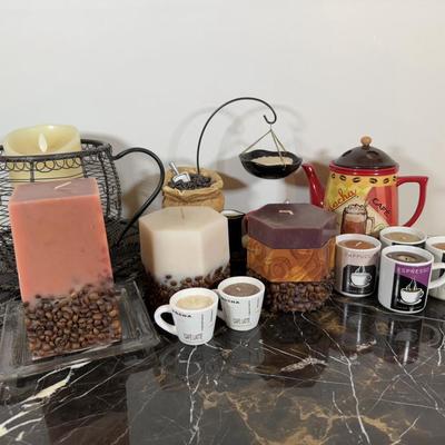 LOT 165K: Coffee Candles, Home Decor & Trivets