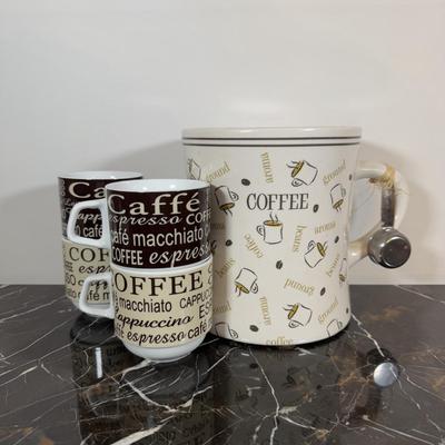 LOT 166K: Coffee Canister, Espresso Cups, Crafts Pitcher w/ Mug & More