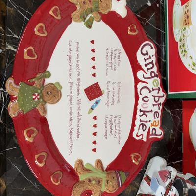 LOT 168K: Porcelain Ware 12 pc Christmas Dinner Set & Bowls w/ Gingerbread Platter & Wooden Coaster Set